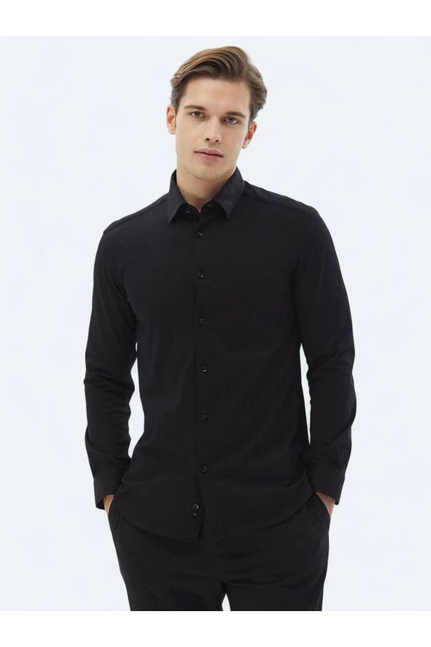 Siyah Düz Regular Fit Dokuma Casual %100 Pamuk Gömlek - 1