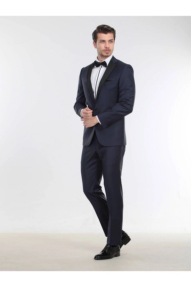 Saks Düz Slim Fit Kelebek Yaka Dokuma Smokin Takım Elbise - 3