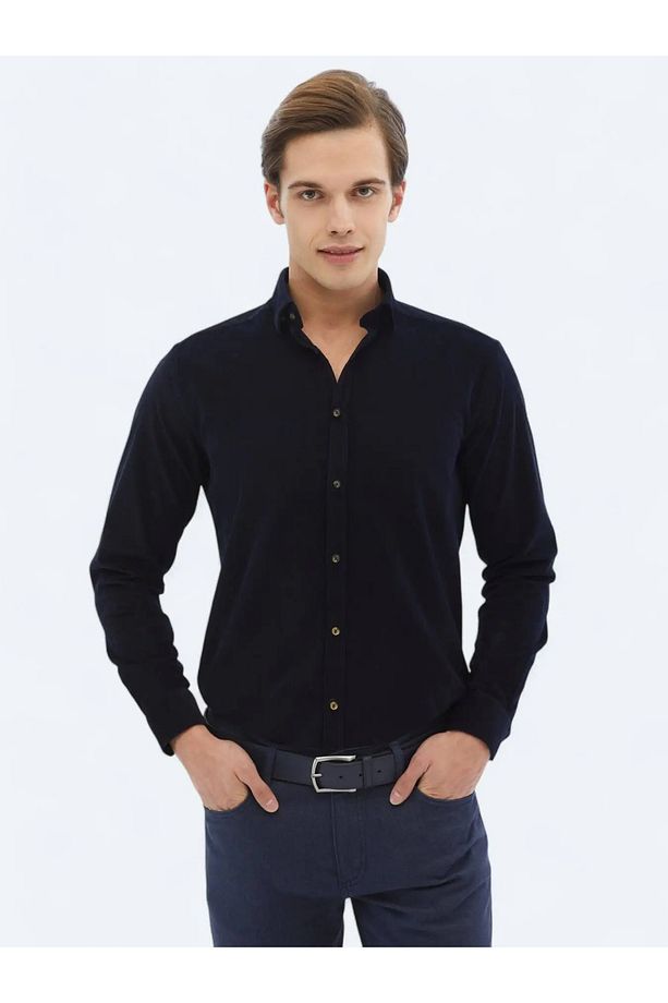 Lacivert Fitilli Regular Fit Dokuma Kadife Casual %100 Pamuk Gömlek - 1