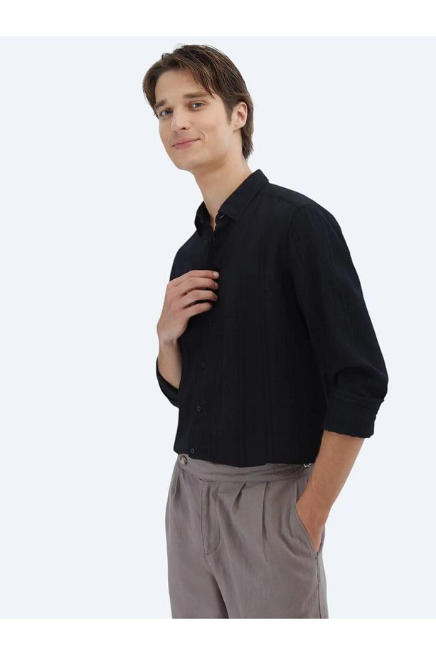 Siyah Regular Fit Dokuma Klasik Gömlek - 1