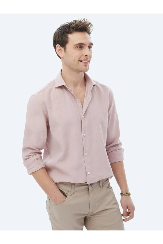 Pembe Düz Regular Fit Dokuma Casual Pamuk Karışımlı Gömlek - 3