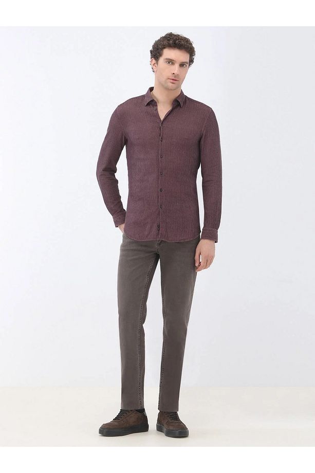 Mürdüm Regular Fit Dokuma Kadife Casual Pamuk Karışımlı Gömlek - 2