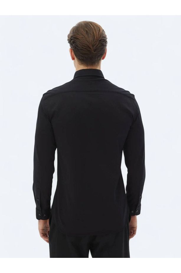 Siyah Düz Regular Fit Dokuma Casual %100 Pamuk Gömlek - 6