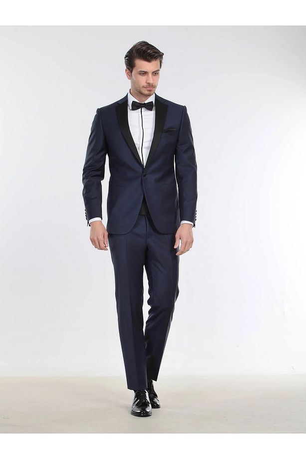 Saks Düz Slim Fit Kelebek Yaka Dokuma Smokin Takım Elbise - 5