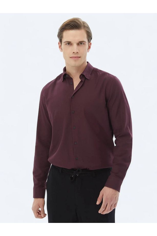 Mürdüm Düz Regular Fit Dokuma Casual Pamuk Karışımlı Gömlek - 1