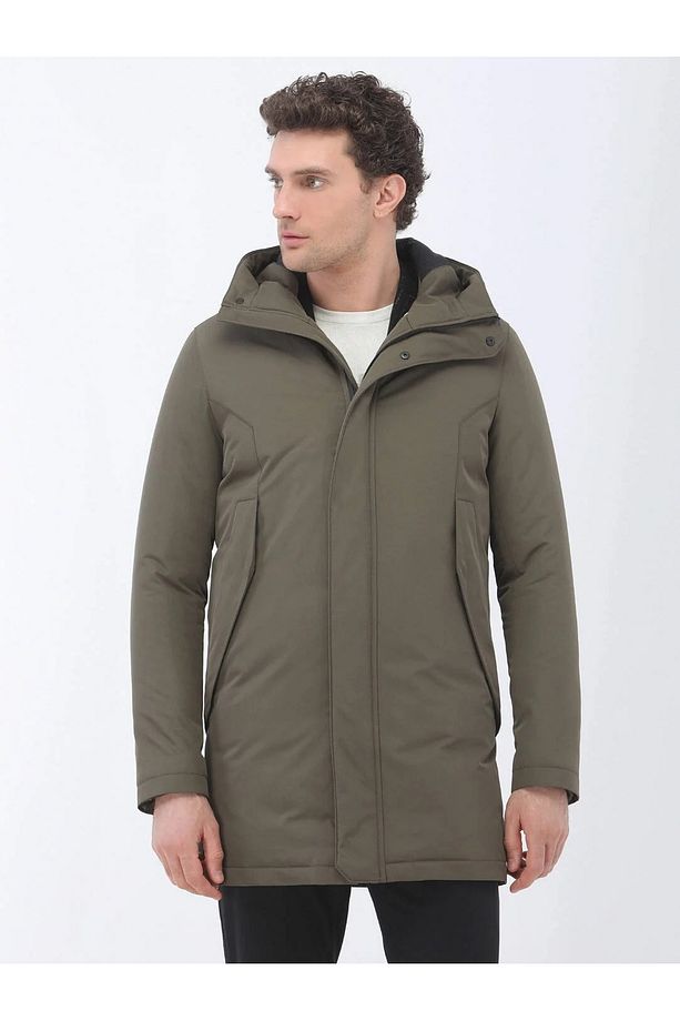 Haki Regular Fit Kapüşonlu Casual Dokuma Kaban - 2