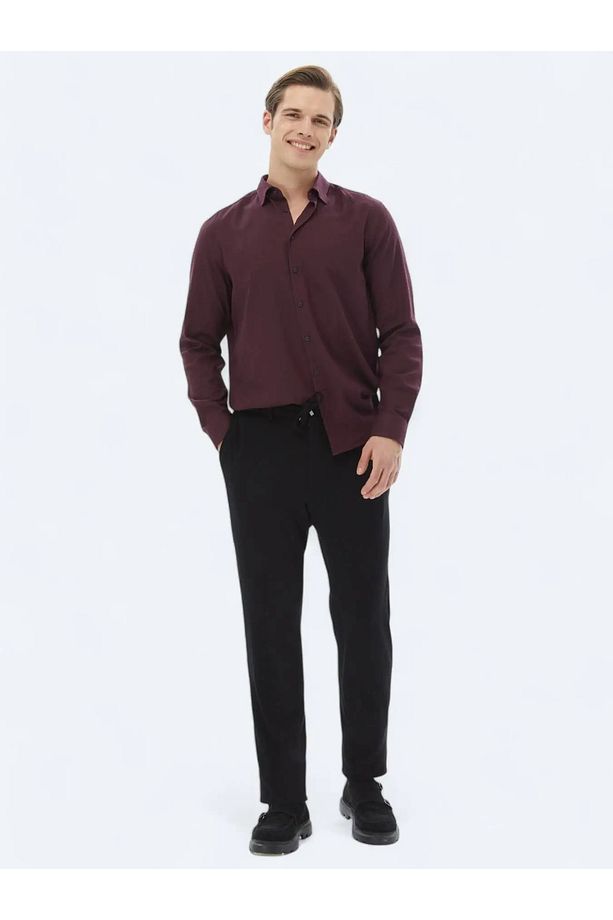 Mürdüm Düz Regular Fit Dokuma Casual Pamuk Karışımlı Gömlek - 2