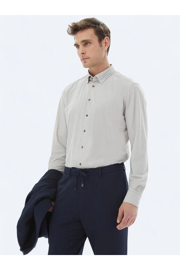 Ekru Düz Regular Fit Casual Gömlek - 3