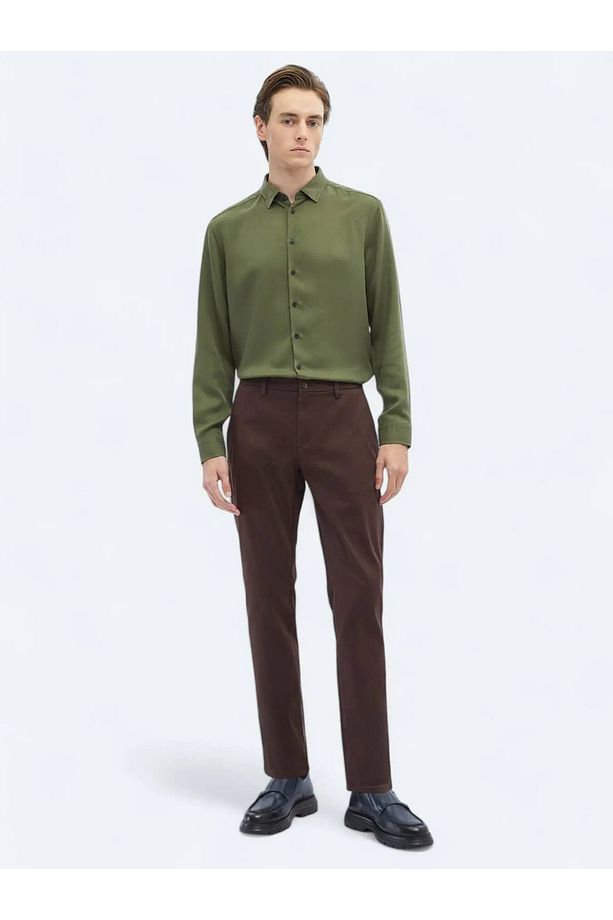 Koyu Kahve Dokuma Regular Fit Casual Pamuk Karışımlı Pantolon - 1