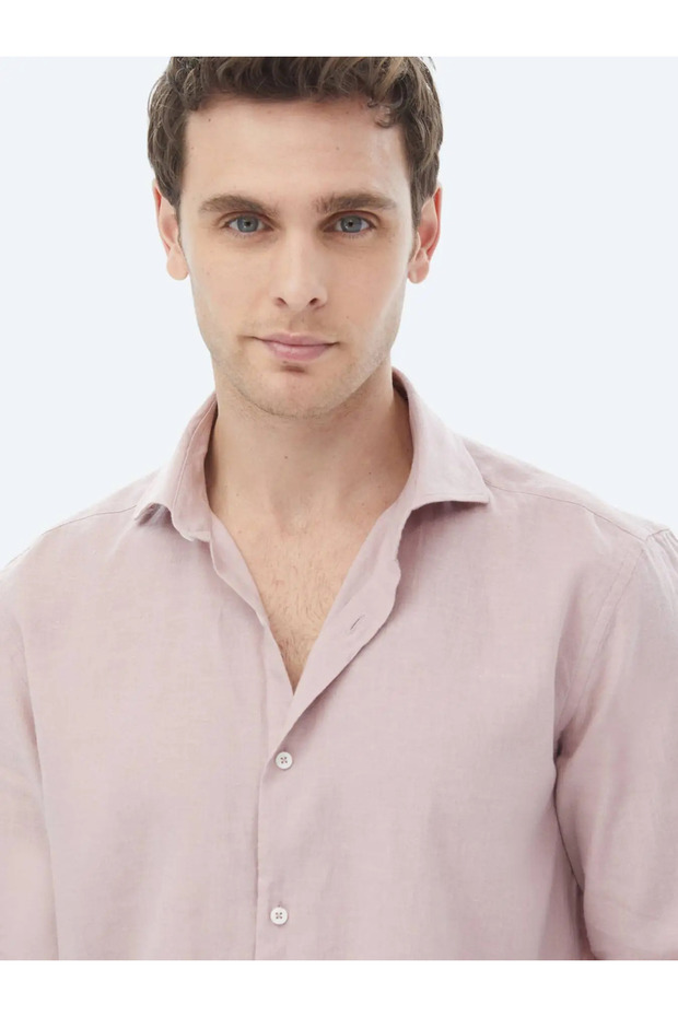 Pembe Düz Regular Fit Dokuma Casual Pamuk Karışımlı Gömlek - 6