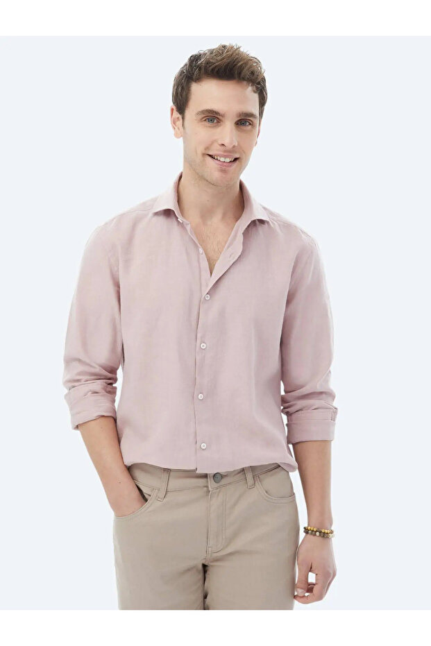 Pembe Düz Regular Fit Dokuma Casual Pamuk Karışımlı Gömlek - 1