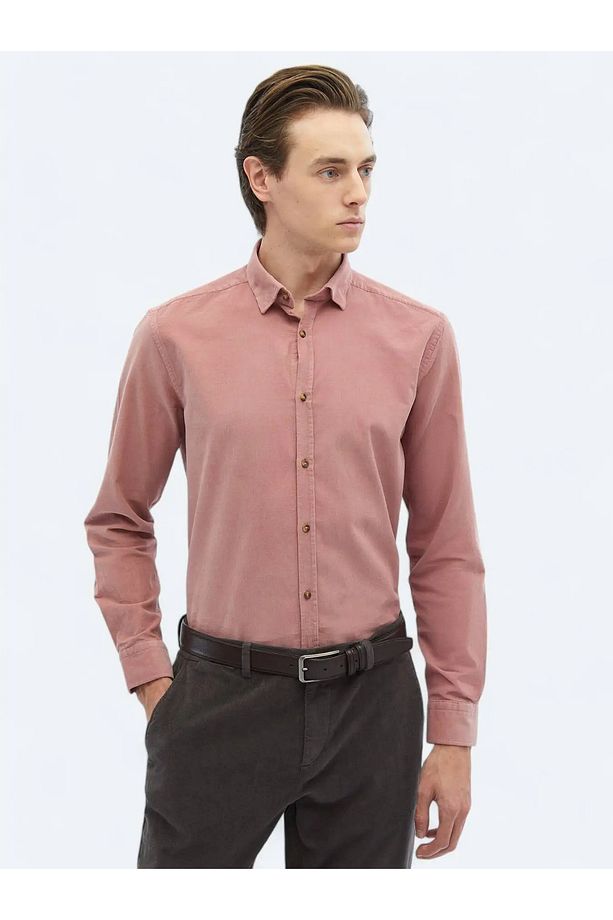 Pembe Fitilli Regular Fit Dokuma Kadife Casual %100 Pamuk Gömlek - 3