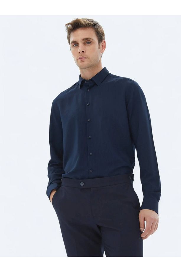 Lacivert Regular Fit Dokuma Casual Gömlek - 1