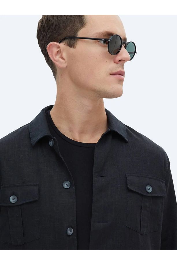 Siyah Düz Regular Fit Dokuma Overshırt - 5