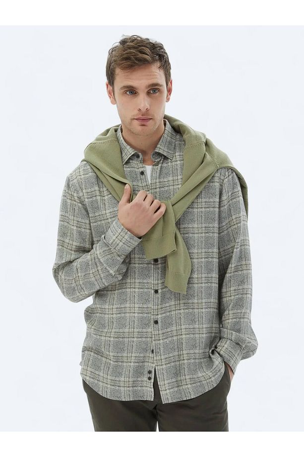 Bej Kareli Regular Fit Dokuma Casual Gömlek - 1