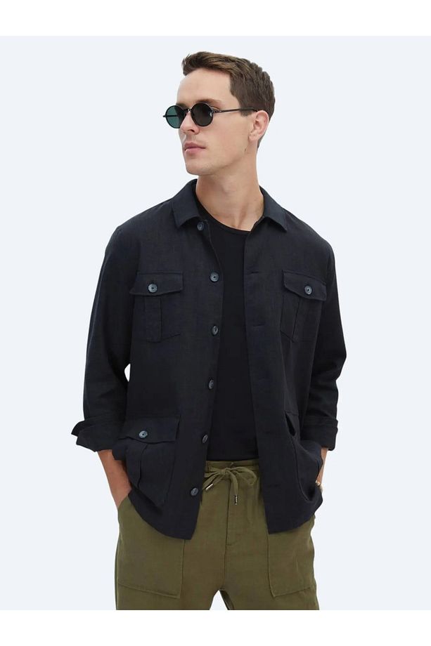 Siyah Düz Regular Fit Dokuma Overshırt - 1