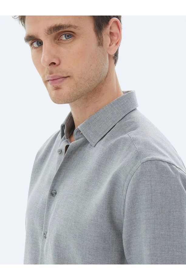 Gri Düz Regular Fit Dokuma Casual Pamuk Karışımlı Gömlek - 5