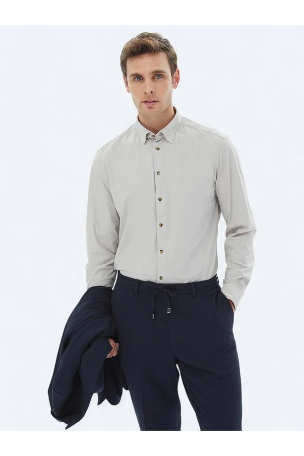 Ekru Düz Regular Fit Casual Gömlek - 1