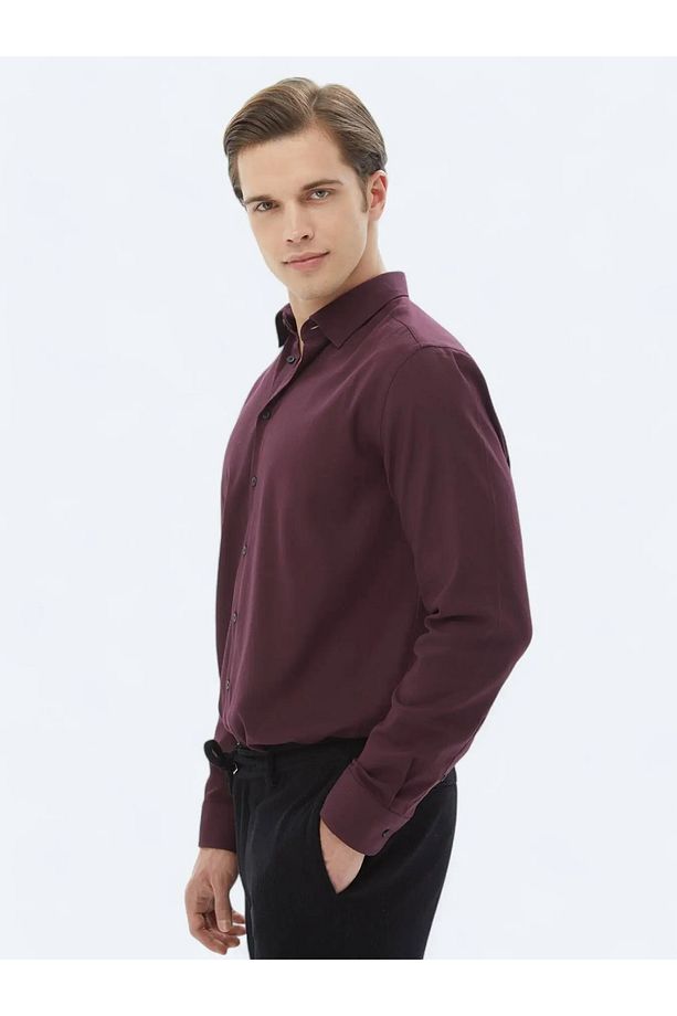 Mürdüm Düz Regular Fit Dokuma Casual Pamuk Karışımlı Gömlek - 4