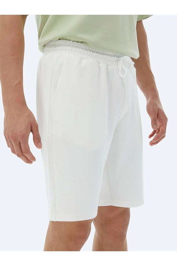 Ekru Düz Örme Jogging Fit Casual Bermuda - 4