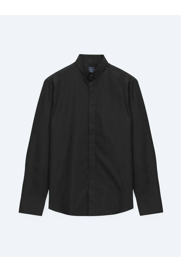 Siyah Regular Fit Dokuma Klasik %100 Pamuk Gömlek - 1