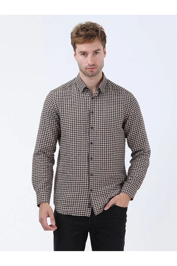 Vizon Kareli Regular Fit Dokuma Casual Pamuk Karışımlı Gömlek - 1
