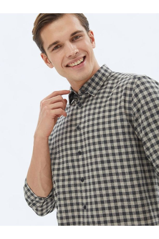 Antrasit Kareli Regular Fit Dokuma Casual Pamuk Karışımlı Gömlek - 4