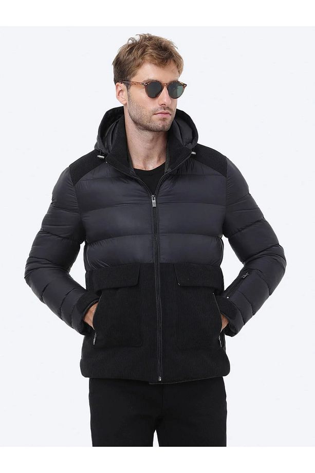 Siyah Regular Fit Kapüşonlu Casual Dokuma Mont - 1