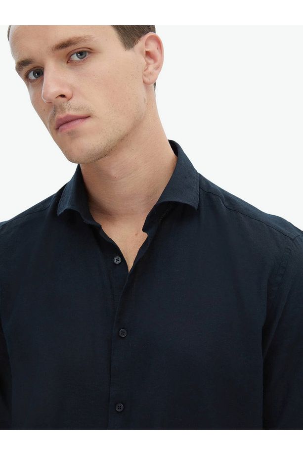 Siyah Düz Regular Fit Dokuma Casual Pamuk Karışımlı Gömlek - 3