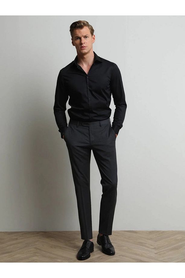 Antrasit Düz Dokuma Slim Fit Klasik Yün Karışımlı Pantolon - 4