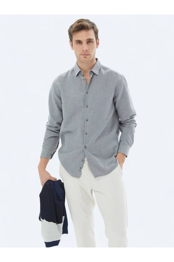 Gri Düz Regular Fit Dokuma Casual Pamuk Karışımlı Gömlek - 1