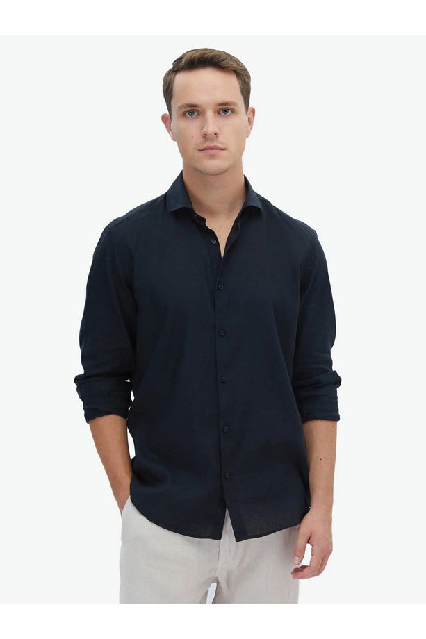 Siyah Düz Regular Fit Dokuma Casual Pamuk Karışımlı Gömlek - 2