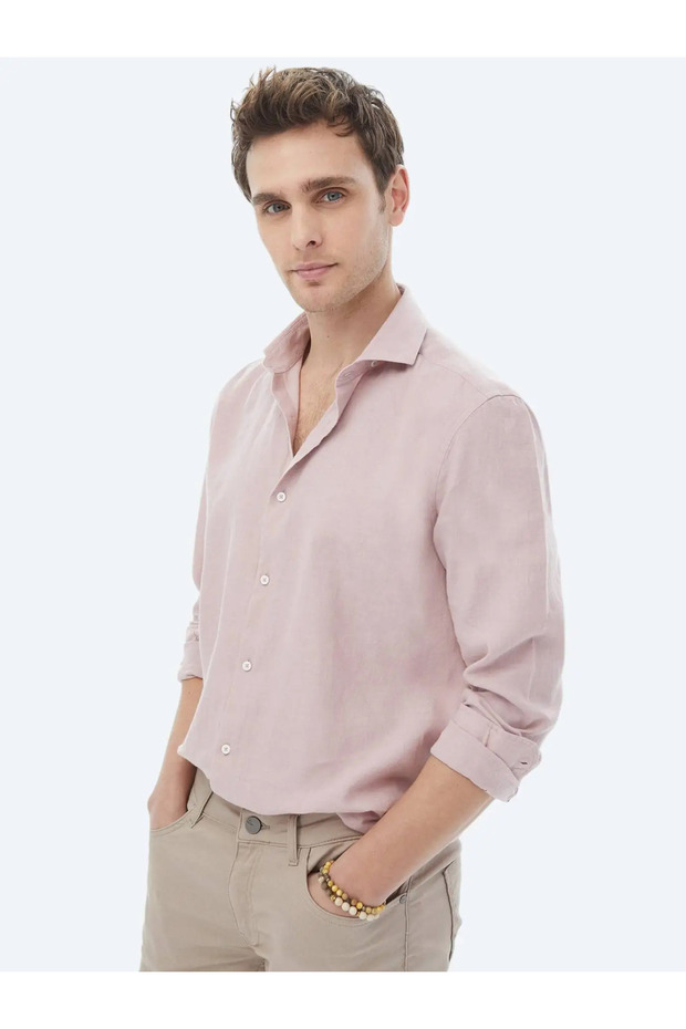 Pembe Düz Regular Fit Dokuma Casual Pamuk Karışımlı Gömlek - 5