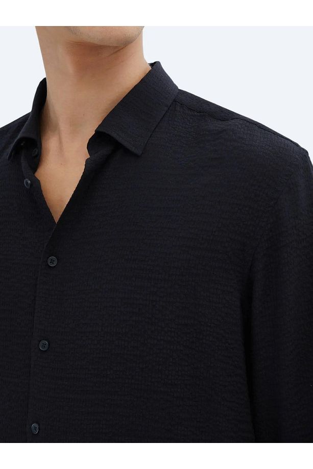 Siyah Regular Fit Dokuma Klasik Gömlek - 6