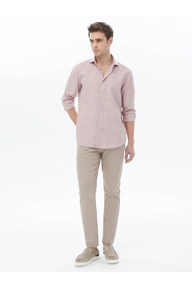 Pembe Düz Regular Fit Dokuma Casual Pamuk Karışımlı Gömlek - 5