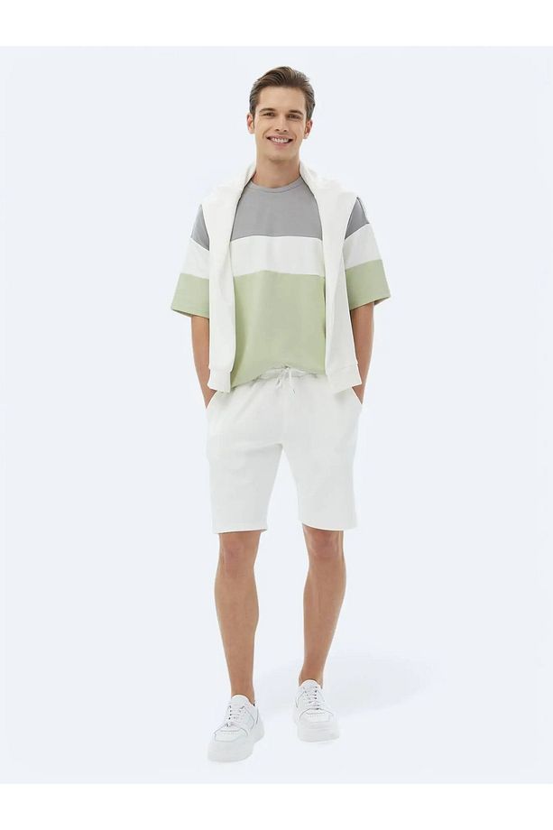Ekru Düz Örme Jogging Fit Casual Bermuda - 1