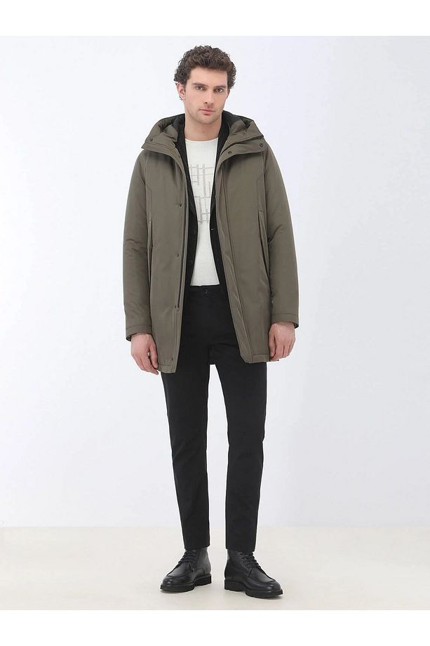 Haki Regular Fit Kapüşonlu Casual Dokuma Kaban - 3