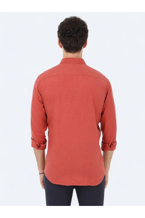 Kiremit Düz Regular Fit Dokuma Casual Pamuk Karışımlı Gömlek - 5
