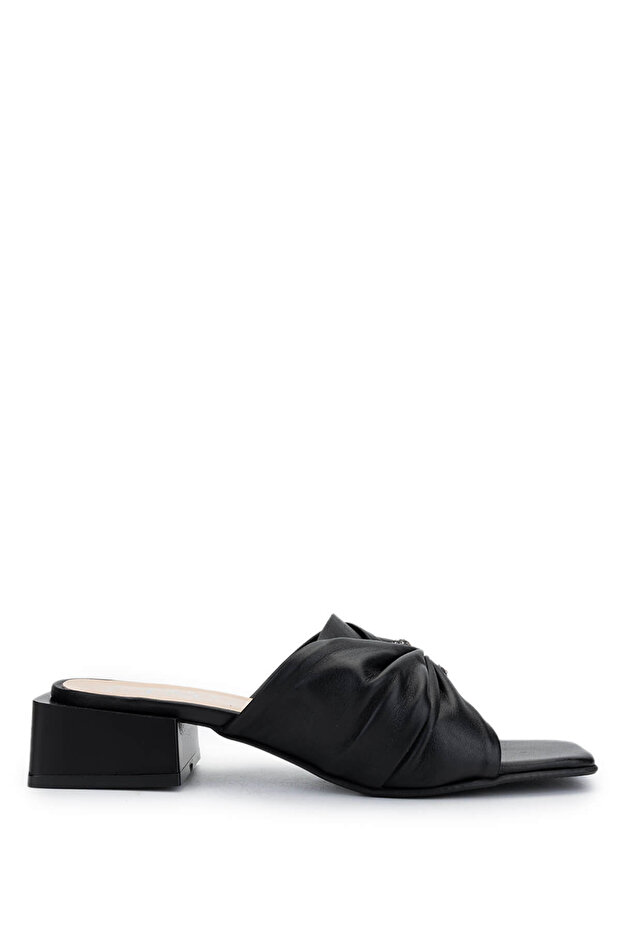 Women's Genuine Leather Black Heeled Slippers