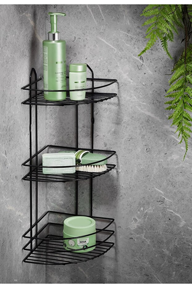 Sas Haus 3 Katlı Siyah Yapışkanlı Banyo Köşeliği Düzenleyici, Şampuanlık, Metal Köşelik Duş Rafı