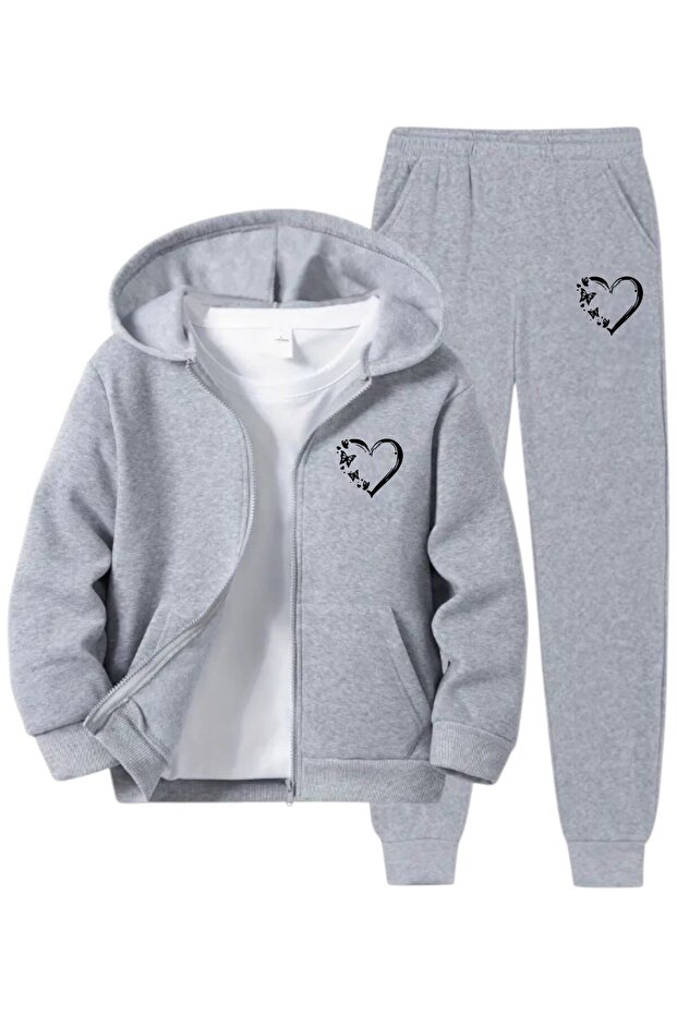 Heart Printed Zippered Girl's Bottom Top Tracksuit Set