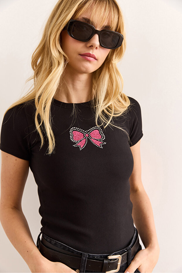 Women's Black Sequin Bow Detailed Slim Ribbed Crop Blouse Blz-19002989