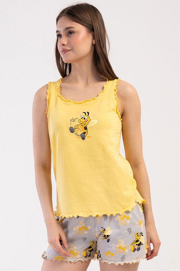 Kadın Kalın Askı Sarı Şortlu Pijama Takım C9T6N0O904 - 1