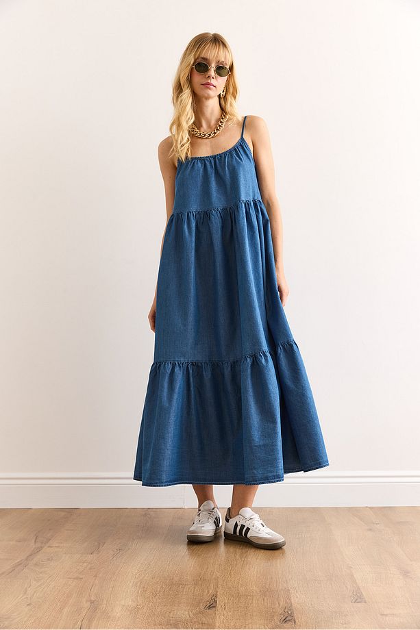 Kadın Mavi Askısı Ayarlanabilir Maksi Denim Elbise ELB-19002417 - 3