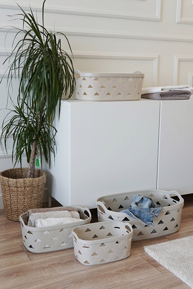 مجموعة سلة تخزين وتنظيم جلدية منقوشة (4 قطع)، رمادي - 1