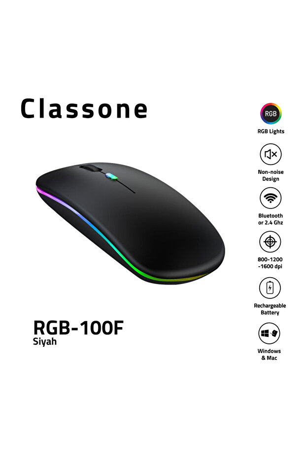 RGB-100F RGB Işıklı, Efektli, Silent-Sessiz,RF Kablosuz, Bluetooth Mouse - Siyah - 1