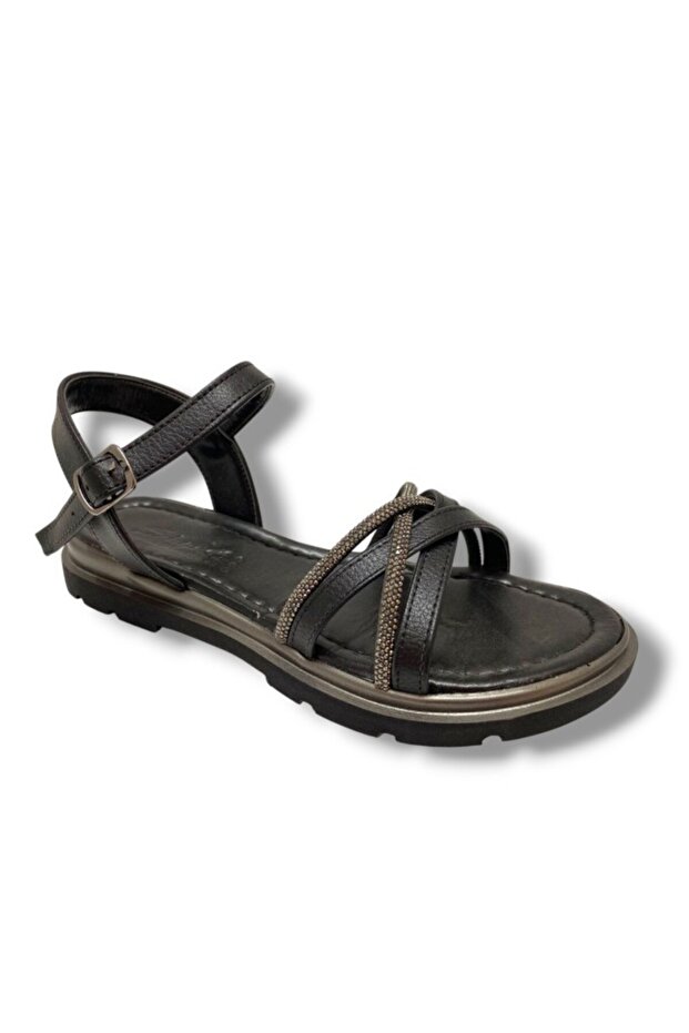 E798-25 Leather Anatomical Cross Band Stone Women's Sandals
