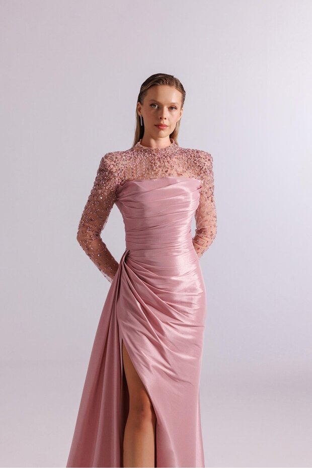 KOLLARI VE OMUZU TRANSPARAN TAŞLI ABİYE ELBİSE - 1