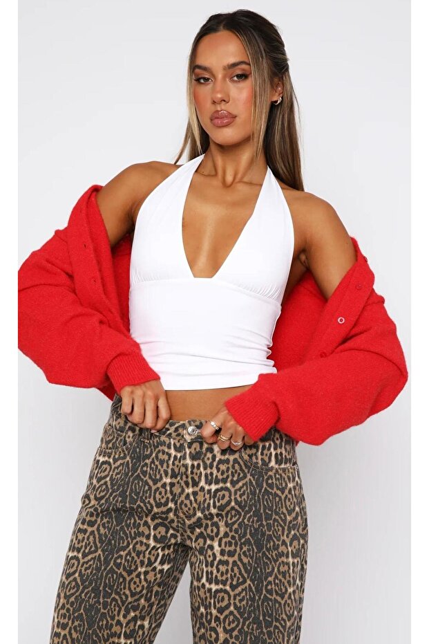 Halter Neck V-Neck Blouse - 1