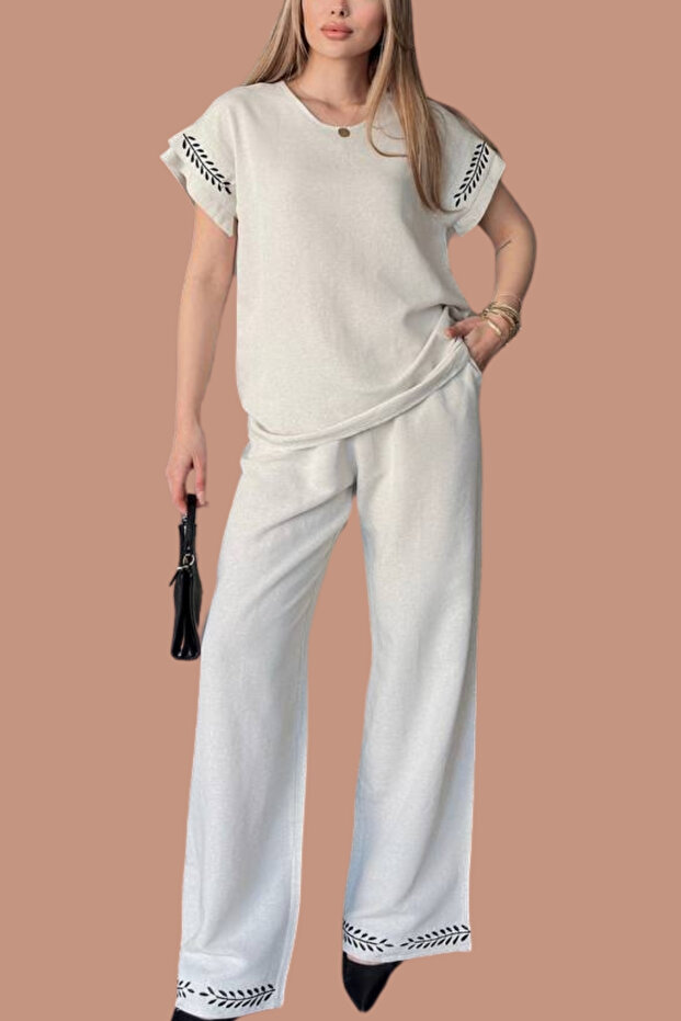 Women Blouse Pants Sleeve and Leg Embroidered Bottom Top Double Linen Set